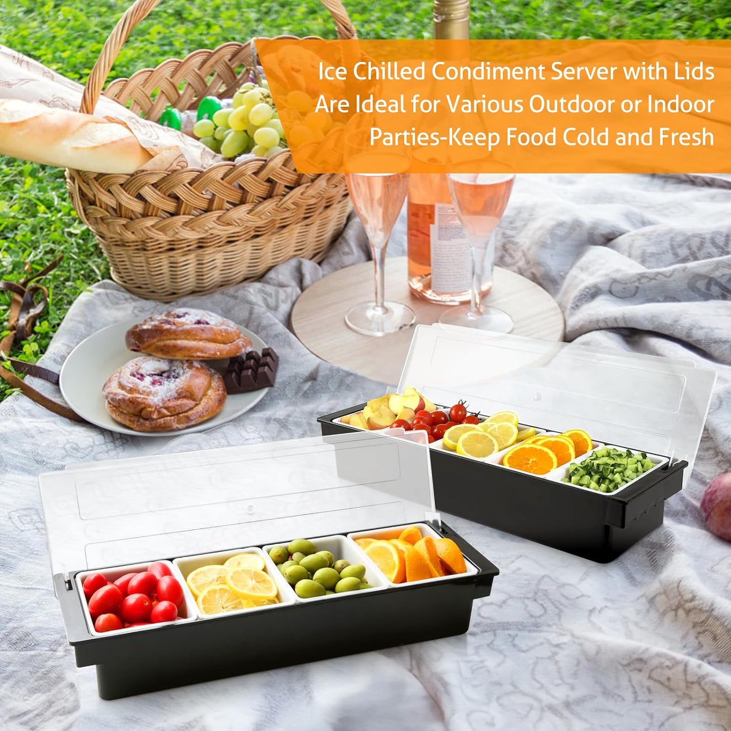 WICHEMI Condiment Container with Lid Ice Chilled Condiment Server with Ice Tray Fruit, Veggie & Condiment Caddy Plastic Garnish Station for Bartending Serving Taco, Salad Bar Container (4 Compartment)