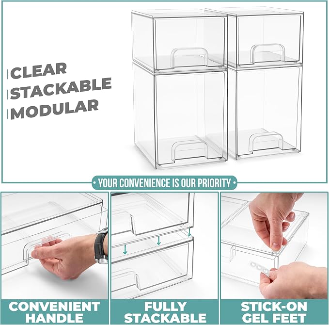 Sorbus Clear Stackable Storage Drawers (4 Pack, 7.6'' and 4.4'' Tall) - Image 5