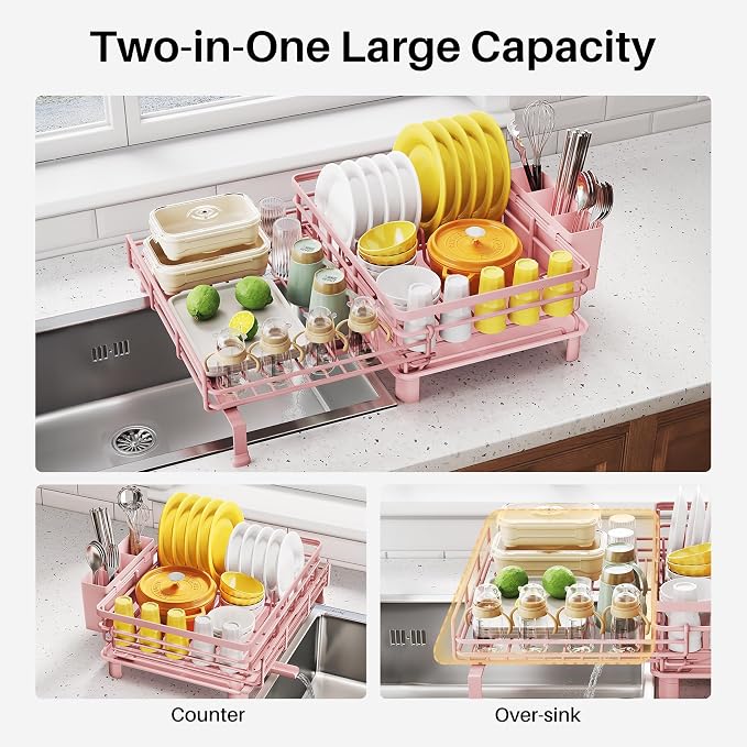 SNTD Expandable Dish Drying Rack for Kitchen Counter, Stainless Steel, Pink - Image 3