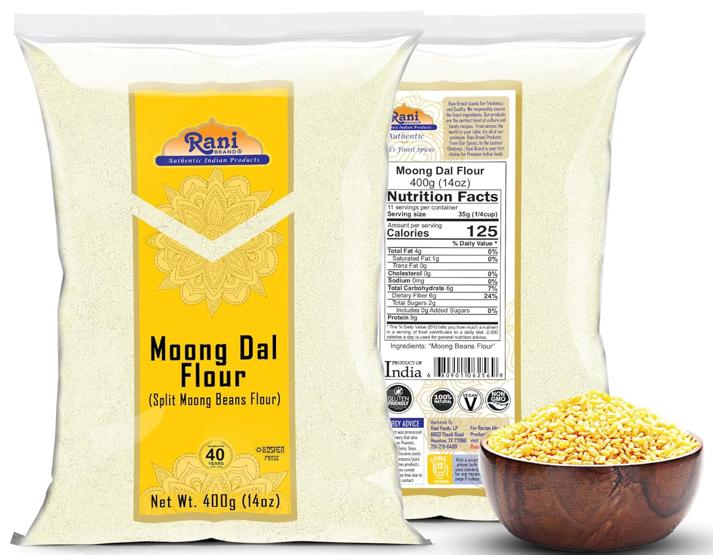 Rani Moong Flour (Mung Bean Flour, Green Gram Flour) 14oz (400g) ~ All Natural | Vegan | Gluten Friendly | NON-GMO | Kosher | Indian Origin