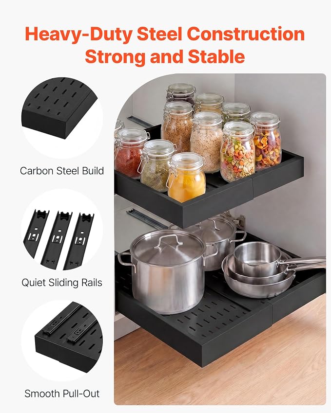 VEVOR Pull Out Cabinet Organizer, 2 Pack Expandable Width (12.2"-18.9"), 20.47" Deep Pull Out Drawers for Cabinets, Sliding Drawer for Kitchen Pantry Cabinet Organizer with Nano Adhesive Strips, Black - Image 4