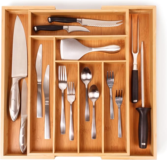 BergHOFF Bamboo 8-Slot Expandable Flatware Organizer Fits Most Kitchen Drawers, Expand from 12.75" to 18.5" | Durable Wood Drawer Divider For Flatware Storage, Adjustable Kitchen Silverware & Cutlery Tray, Fits 12.75" To 18.5" Drawers by BergHOFF