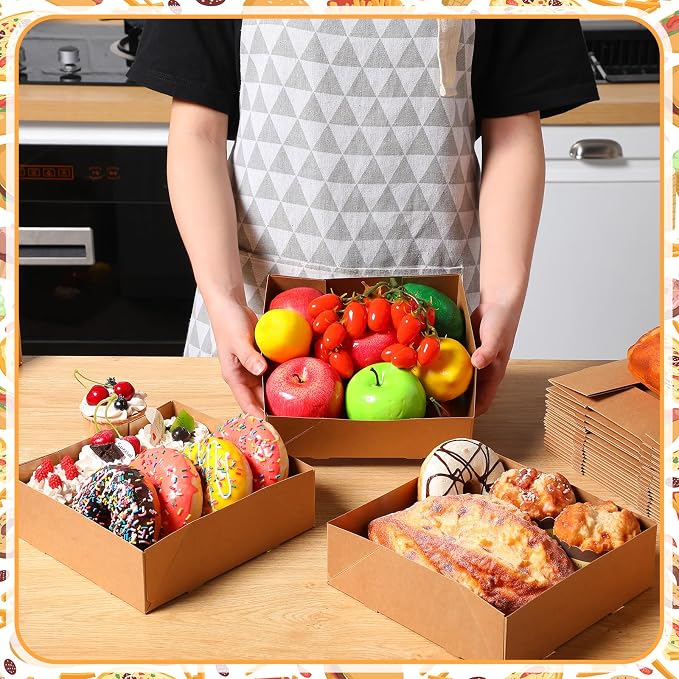 Chinco Brown 100 Pcs 7.9 x 7.9 x 2.4 Inch 4 Corner Pop Food Tray Kraft Paperboard Disposable Foldable Cardboard Food and Drink Stadium Containers Movie Night Snack Trays Fries Holder Carrier - Image 6