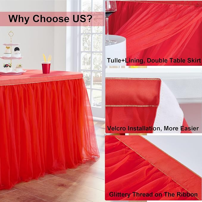 72inch Red Tulle Table Skirt for Rectangle Tables 6/4ft, 2-Layer Ruffle Tulle Tutu Red Cloth Table Desk Skirts 6ft for Chrismas Birthday Party Baby Shower Cake Dessert Tables(No Top Cover) - Image 3