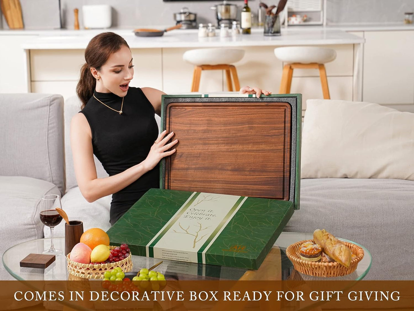 AZRHOM XL Large Walnut Wood Cutting Board for Kitchen 20x15 (Gift Box) with Juice Groove Handles Non-slip Mats Thick Reversible Butcher Block Chopping Board