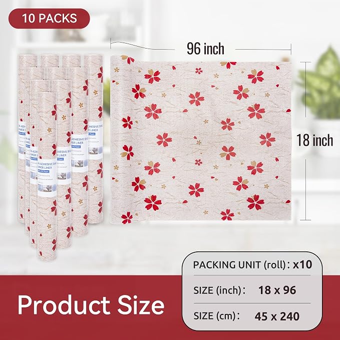 FIFTY FEET 18"x96" Non-Adhesive Shelf Liner for Kitchen Cabinets and Drawers, Washable Non-Slip PVC Cabinet Liner (Red Floral)(10 Roll) - Image 5