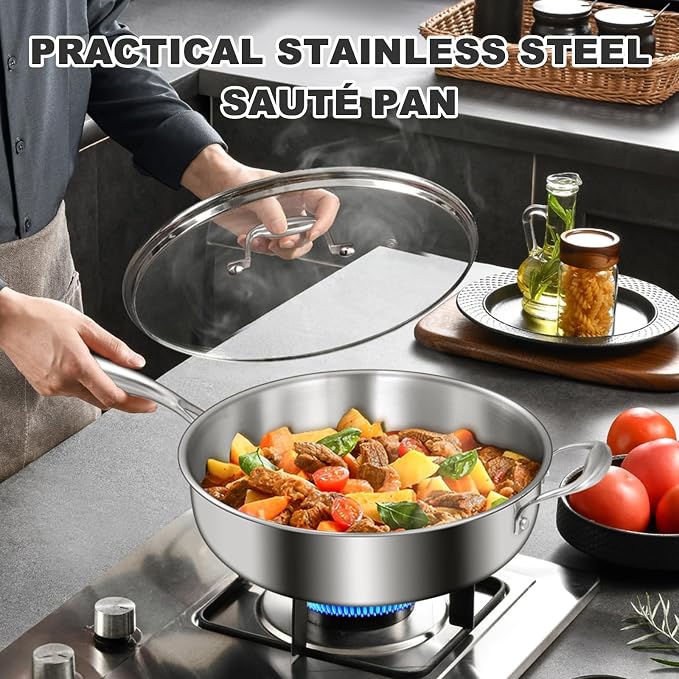 EWFEN 12 Inch Tri-Ply Stainless Steel Frying Pan, Compatible with All Cooktops Up to 600℉, Large Frying Pan with lids, Induction-Ready Skillet, Dishwasher and Oven Safe, Even Heat, 12" Pan+Handle+Lid - Image 2