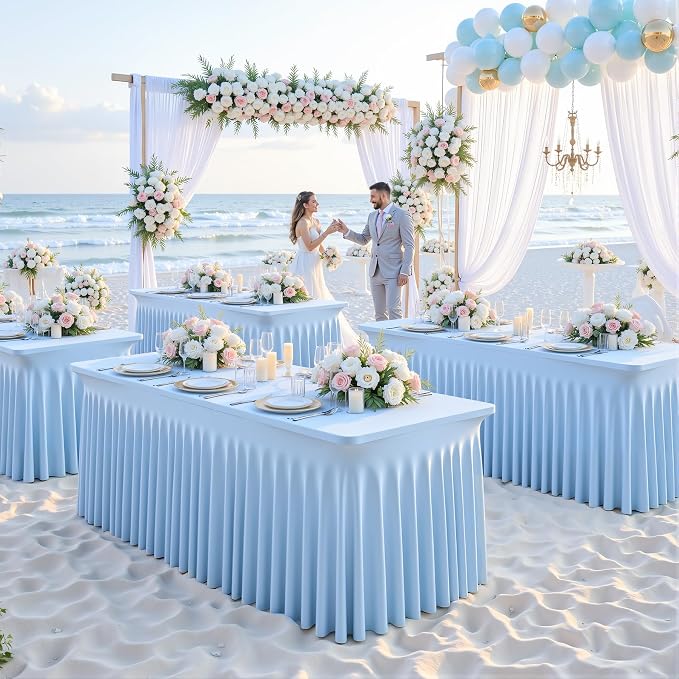 6 Pack Baby Blue Table Cloth for 8 Foot Rectangle Tables Spandex Fitted Tablecloth 8ft Stretch Table Covers Skirt Baby Blue Banquet Tablecloths Wrinkle Free Tablecloth for Party Wedding Birthday Event - Image 8