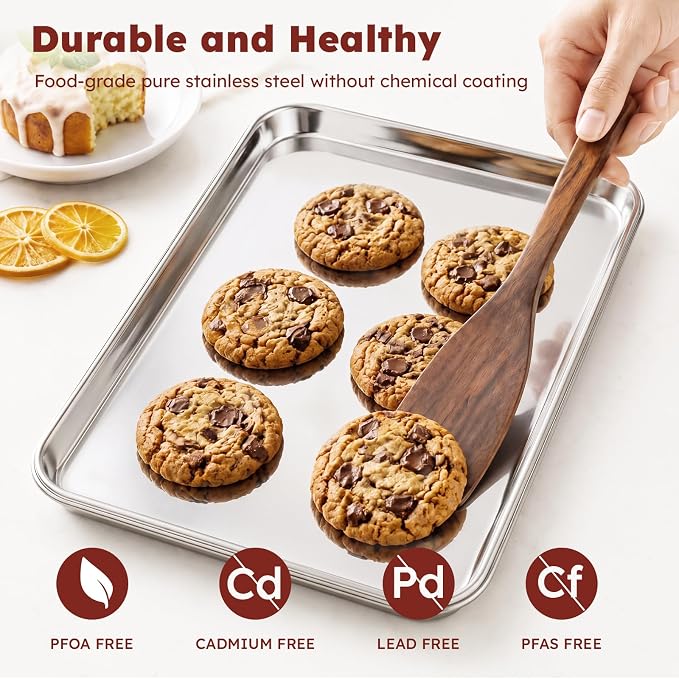 % Baking Sheet Set of 3: Stainless Steel Cookie Sheets for Baking | ././  Baking Pans Set - Dishwasher Safe, Rust Resistant - Mirror Finish, Non Toxic & BPA Free - Image 7
