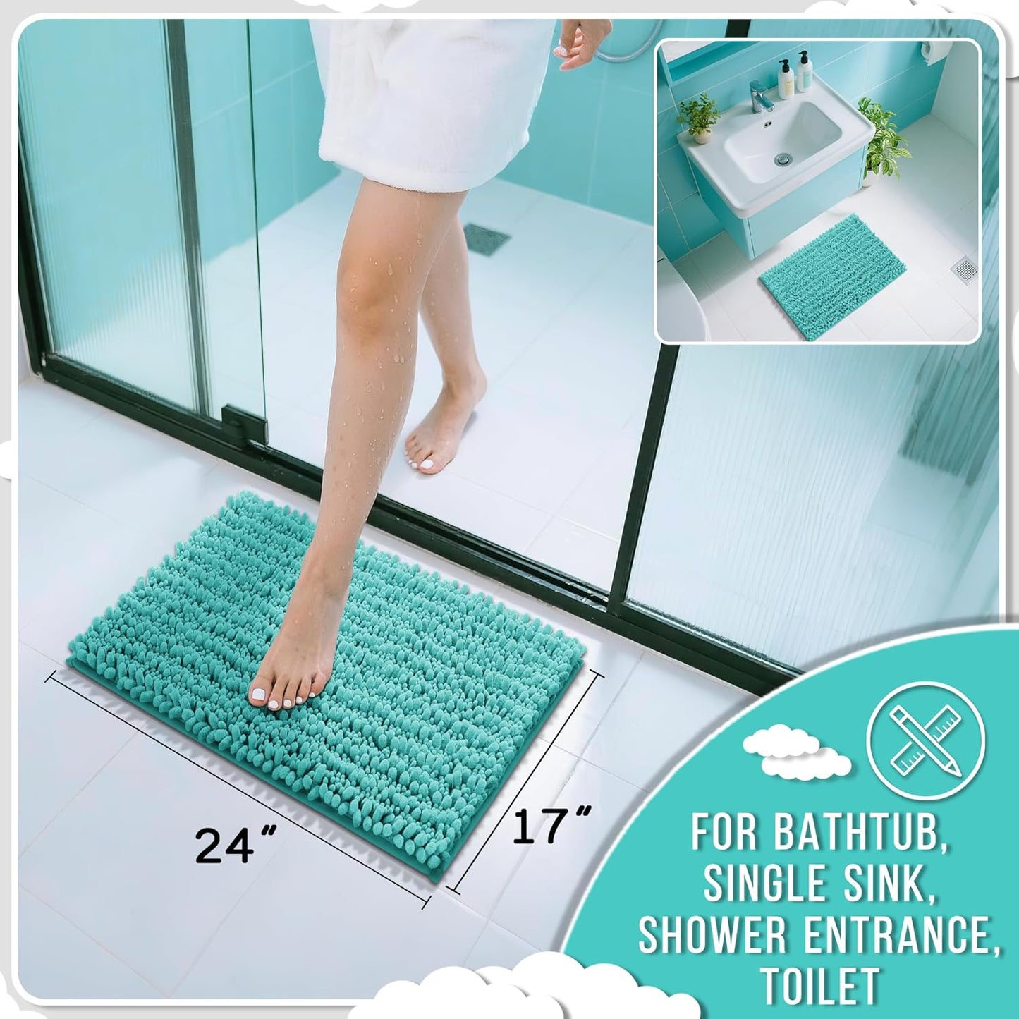 Yimobra Bathroom Rugs Non Slip Washable 24x17 Inch - Ultra Soft Absorbent Chenille Bath Mat, Quick Dry Shaggy Floor Carpet for Tub Shower, Lake Blue Home Decor Accessories