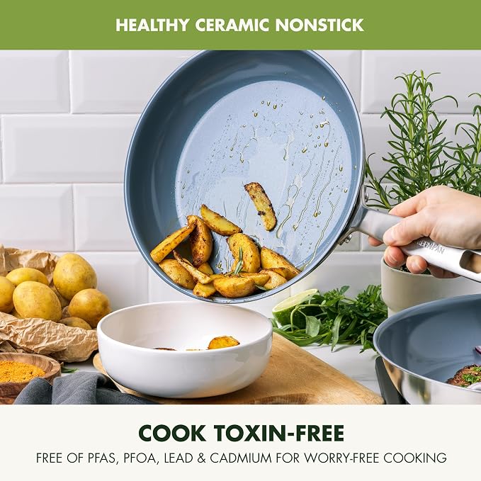 GreenPan Treviso Stainless Steel Healthy Ceramic Nonstick, 12" Frying Pan Skillet with Lid, PFAS-Free,Clad, Induction, Dishwasher Safe, Silver - Image 2