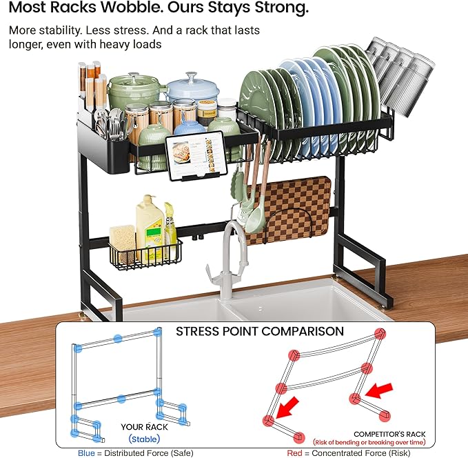 ADBIU Over The Sink Dish Drying Rack (Expandable Height and Length) Snap-On Design 2 Tier Large Dish Rack - Image 5
