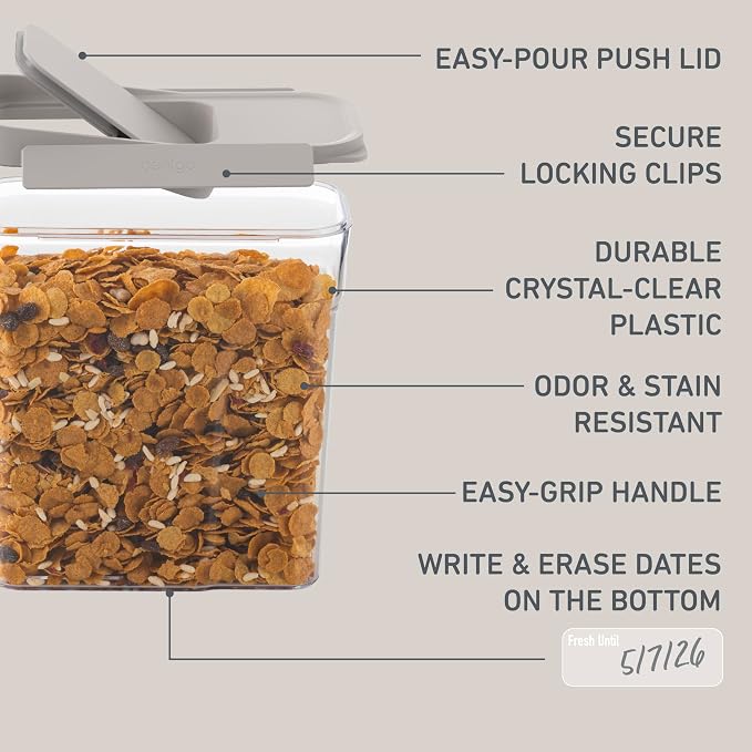 Bentgo Pantry - 6-Piece Airtight Cereal Containers, Easy Push & Pour Lid, Stackable & Clear BPA-Free Storage, Locking Lids for Freshness – Ideal for Kitchen & Pantry Organization (White Stone) - Image 5