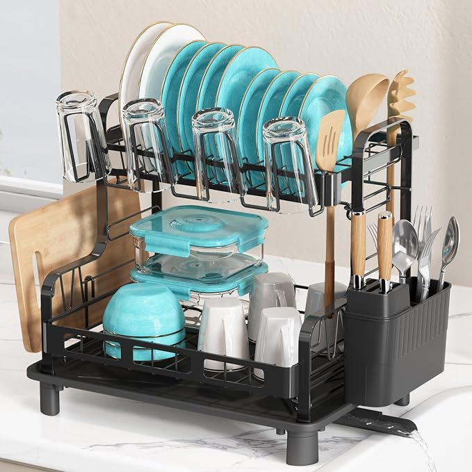 BOOSINY 2 Tier Black Dish Drying Racks for Kitchen Counter with Drainboard by Boosiny