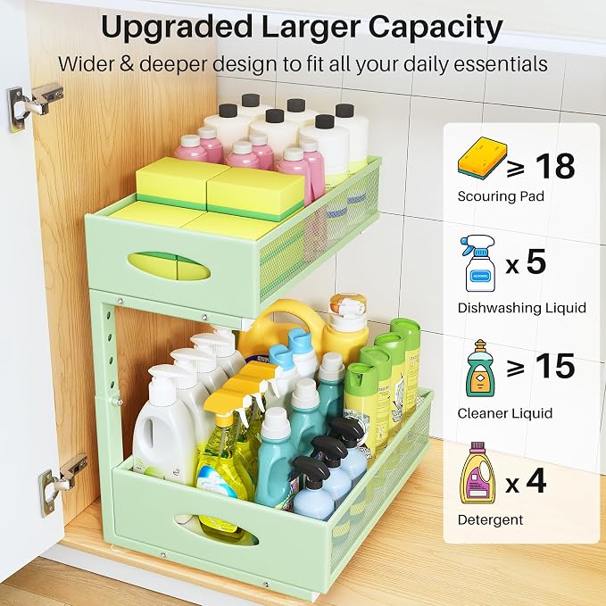 Under Sink Organizer, 2 Pack 2 Tier Pull Out Under Cabinet Organizer Shelf with Pad for Framed Cabinets, Metal Slide Out Under Sink Storage, Mesh Sliding Drawers for Kitchen Bathroom Laundry, Green - Image 3