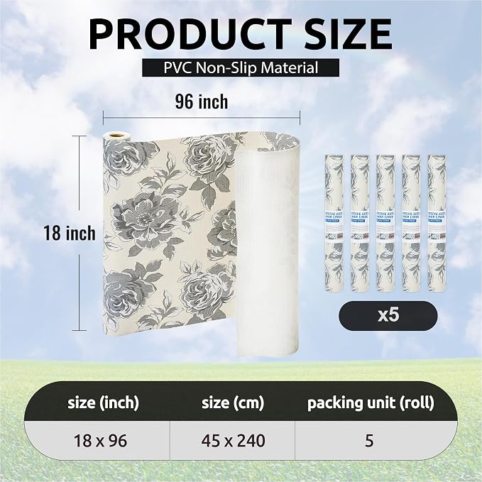 18X96 Inch Shelf Liner for Kitchen Cabinets, PVC Drawer Liner for Dresser Non-Slip Bathroom, Non-Adhesive Cabinet Liner Washable (Black Flower)(5 Roll) - Image 3