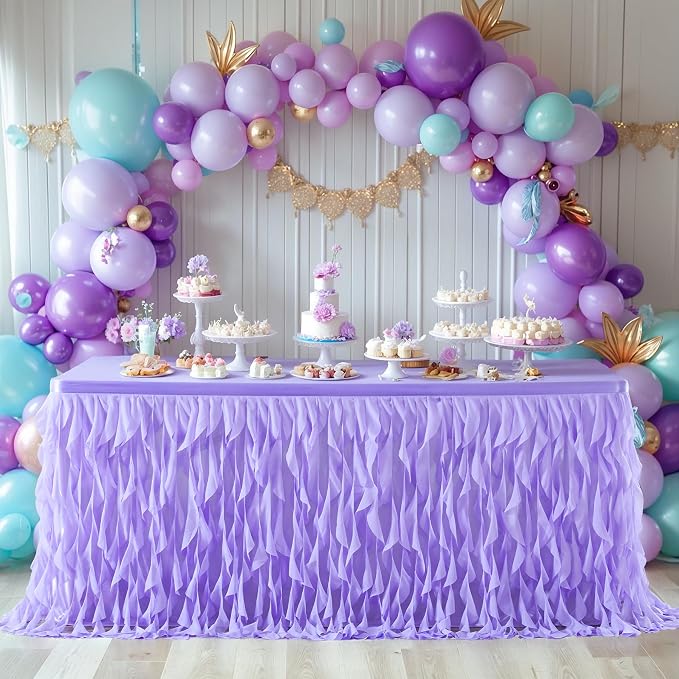 Partisky Lavender Purple Tulle Curly Willow Table Skirt for Rectangle Table 9ft, Ruffle Tutu Table Cloth for Girls Boys Baby Shower,Mermaid Birthday Party - Image 2