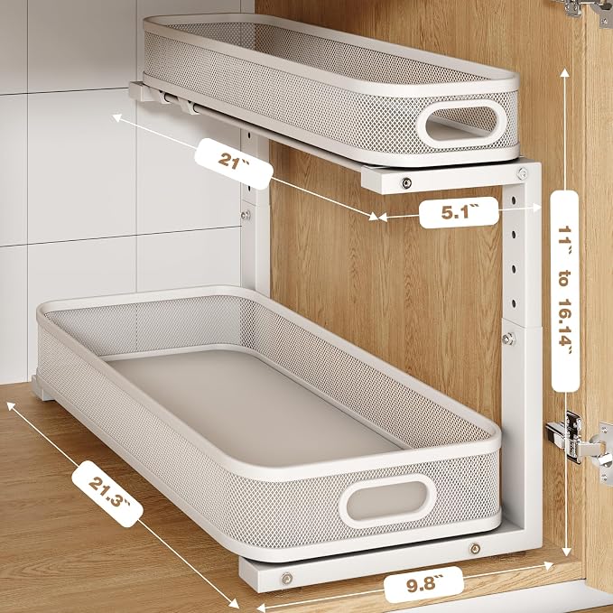2 Pack 21.3IN-Depth Under Sink Organizer with Smooth Cylindrical Rail,2-Tier Pull Out Multi-Purpose Cabinet Storage for Bathroom&Kitchen,Height Adjustable,Rust-Resistant Coating-White - Image 2