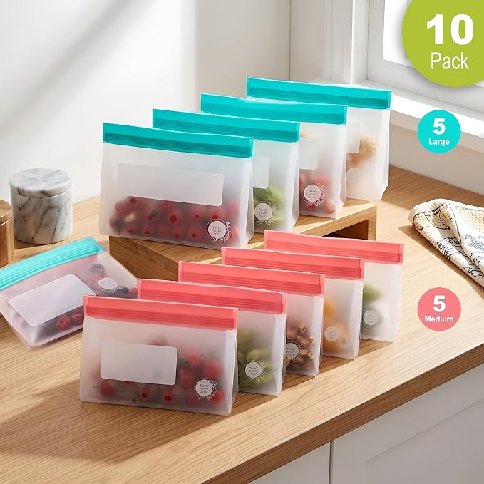 Reusable Food Storage Bags – 10-Pack Stand-Up, BPA-Free, Freezer, Dishwasher Safe, & Eco-Friendly– 5 L, 5 M Bags – Airtight Leakproof Sandwich, Snack, Travel & Make-Up baggies (Multicolor) - Image 2