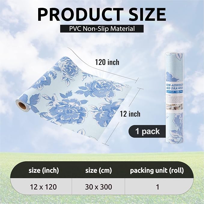 FIFTY FEET 12X120 Inch Shelf Liner for Kitchen Cabinets, PVC Drawer Liner for Dresser Non-Slip Bathroom, Non-Adhesive Cabinet Liner Washable (Blue Flower)(1 Roll) - Image 3