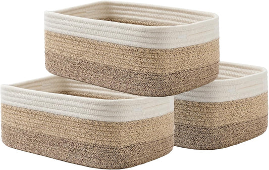 Small Woven Basket, 13.5 x 9.5 x 5 Inches, Storage Basket for Organizing, Cute Small Rope Shelf Closet Cube Storage Bins Baskets for Shelves, Dog Toy Gift Baskets Empty, 3 Pack Gradient Brown