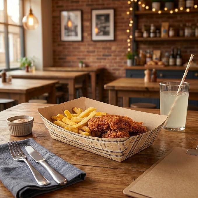 Restaurantware-Bio Tek 2 Pound Food Trays, 50 Disposable Paper Food Trays - Heavy-Duty, Greaseproof, Plaid Paper Boats, For Snacks, Appetizers, Or Treats, Use At Parties Or Carnivals - Image 3