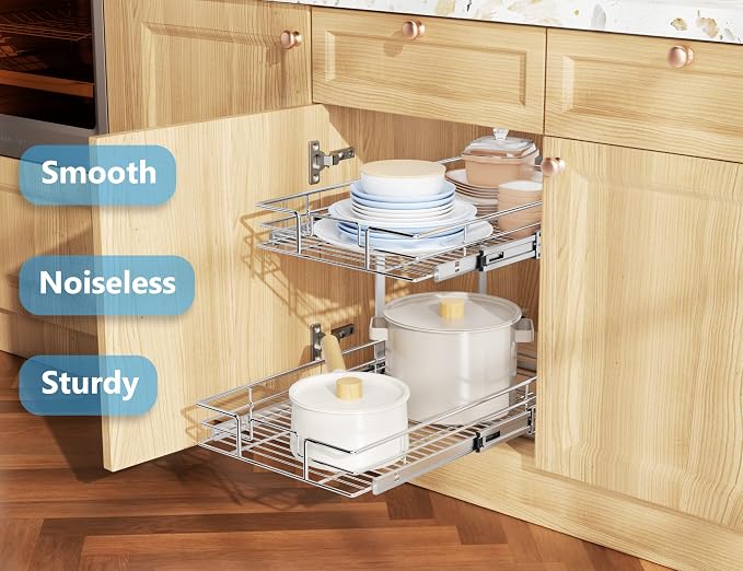 LOVMOR Individual Pull Out Cabinet Organizer, 2 Tier Slide Out Cabinet Drawers, Pots and Pans Organizer and Storage Pantry Shelf for Kitchen (14" W x 18" D) - Image 2