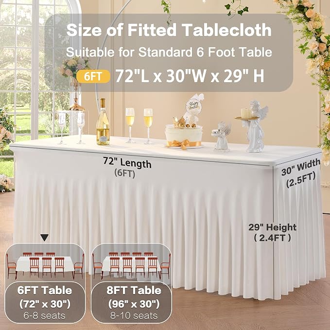 6pk Ivory Spandex Tablecloths for 6 Foot Rectangle Tables, Stretch Table Cloths 6 ft Fitted Tablecover Desk Skirt for Parties Weddings Birthday Banquet Baby Shower - Image 5