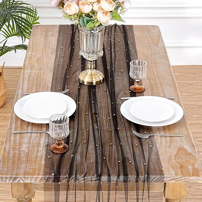 Gauze Pearl Tulle Table Runner Fabric Black 10ft Christmas Veil Chiffon - Image 3