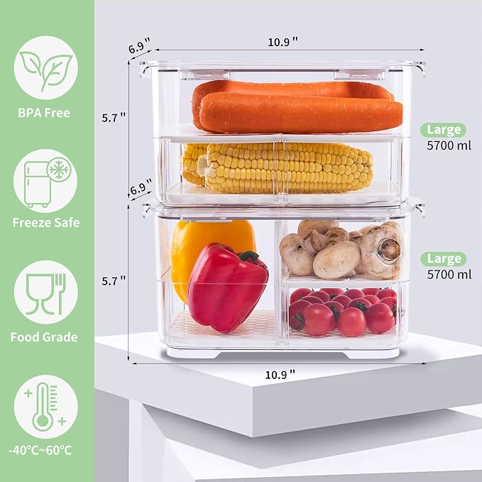 elabo Fridge Fruit Storage Containers, 2Pc Veggies Produce Saver Organizer | BPA-Free & Food Grade Containers, Keep Berries and Veggies Fresh, Large Capacity with Removable Drain Tray - Image 5