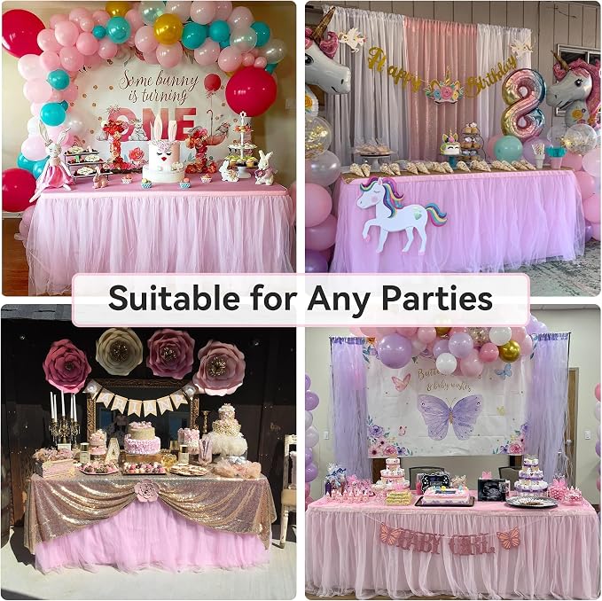 156in Baby Pink Tulle Table Skirts for Rectangle Tables 8ft 6ft, 2-Layer 13 ft Long Gold Grim Princess Pink Ruffle Tulle Tutu Table Skirt Cloth for Girl Birthday Baby Cake Dessert(No Table Cover) - Image 7