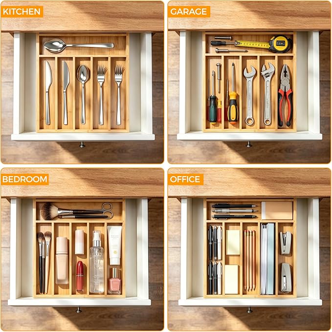 Bamboo Silverware Drawer Organizer, 7 Slots Kitchen Drawer Tray | Bamboo Kitchen Drawer Cutlery Organizer, Utensil Holder, Flatware Organizer Tray (11.8"x15.7"x1.7"), Natural - Image 7