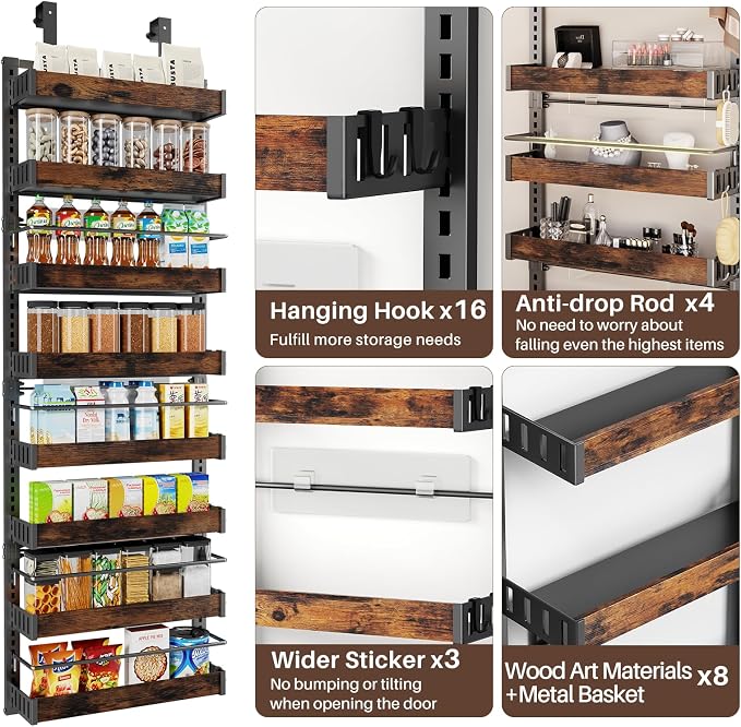 8 Tier Over The Door Pantry Organizer, 2 IN 1 Wall Mount or Metal Hanging Spice Rack for Pantry Organizers and Storage, Seasoning Shelves，Adjustable Basket with Hooks for Kitchen Cabinet and Closet - Image 7