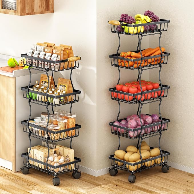 SAYZH 5-Tier Fruit Basket Stand with Vegetable Baskets for Kitchen, Black | Stackable Metal Wire Basket, Sturdy Rolling Storage Carts for Kitchen, Pantry Organizer, Snack and Jar Storage - Image 2
