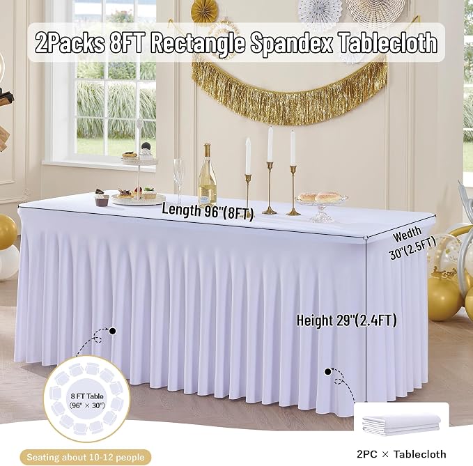 Spandex Tablecloth 8FT Rectangle Table Cover 2 Pack White Wrinkle-Free - Image 6