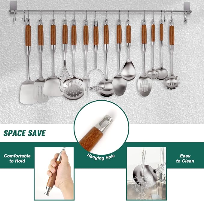 304 Stainless Steel Cooking Utensils Set with Wooden Handle, 16 Pcs Long Heat Resistant Metal Kitchen Utensils Set, Stainless Steel Kitchen Utensils Set with Spatula, Turner, Whisk, Ladle - Image 5