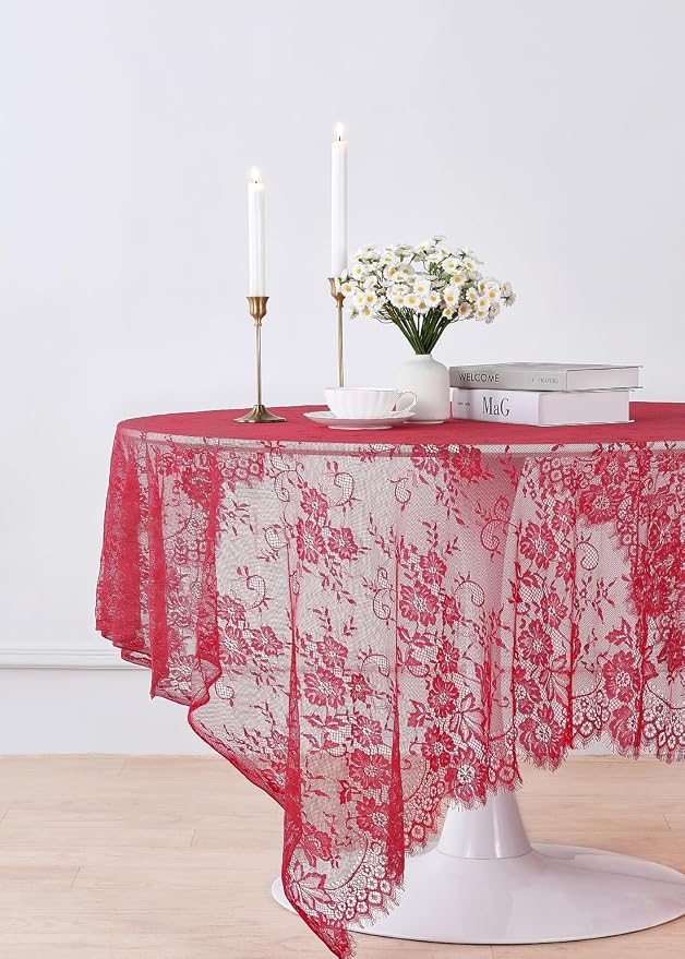 LuoluoHouse Red Lace Tablecloth 6pcs Rose Floral Table Fabric 60x120 Inch - Image 6