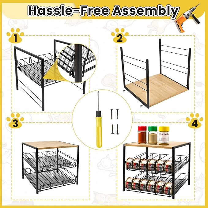 Bamboo & Iron Cat Food Organizer, 2-Tier Stackable Rack Holds 48 Cans 3oz | FIFO auto slide-down,Flat top storage, Organizes pantry & pet food cans - Image 3