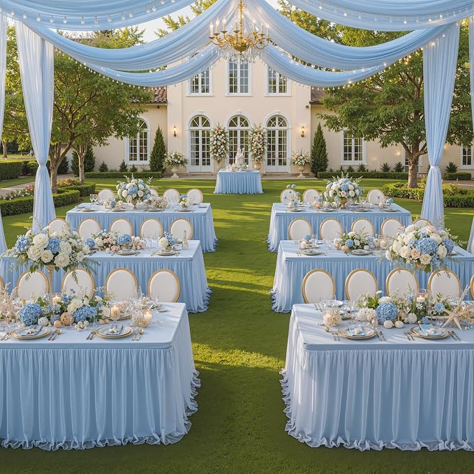 CO-AVE 2pack Dusty Blue Tulle Tablecloth for 8 Foot Rectangular Tables, 2-in-1 Elastic Stretch Spandex Cover with Tutu Ruffle Skirt, Wrinkle Free for Wedding, Birthday, Banquet, Buffet, Bridal Shower - Image 8