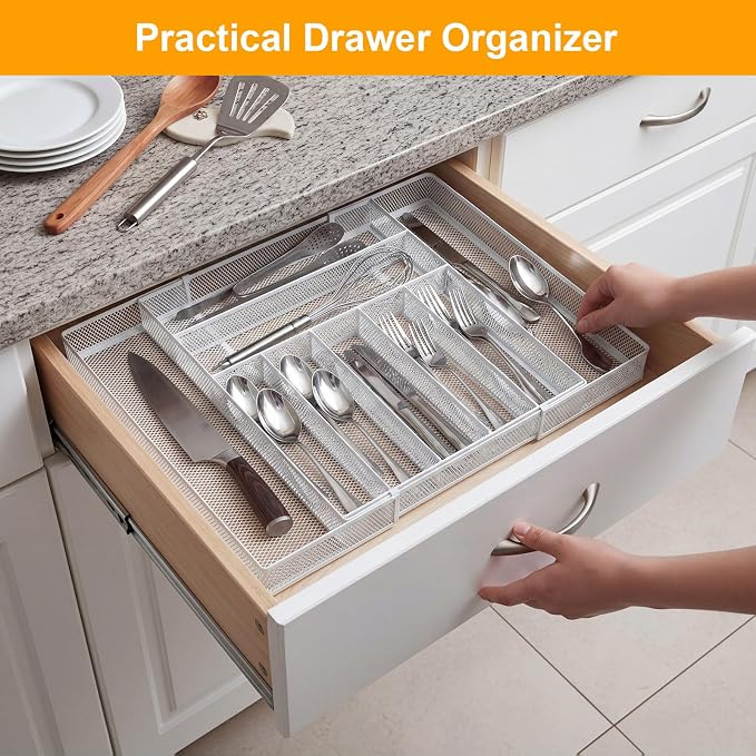 2 Pcs Utensil Drawer Silverware Organizer, Metal Mesh Expandable 13" 24" Kitchen Drawer Organizer, 7-9 Slots Cutlery Tray Dividers for Kitchen Flatware Christmas Housewarming Gift (White) - Image 4