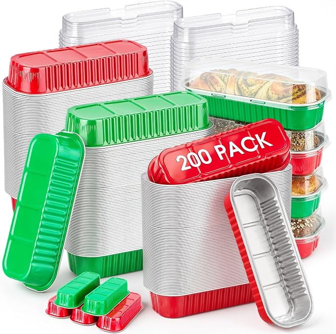 Qunclay 200 Pcs Aluminum Foil Mini Loaf Pans with Lids 6.8 oz Disposable Mini Cake Pan with Lid Rectangle Baking Cups for Party Muffin Cheesecake Ramekins (Red,Green) by Qunclay