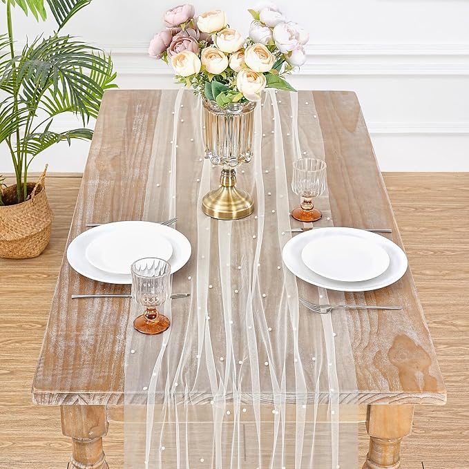 Pearl Gauze Table Runner Fabric Beige 10ft Wedding Veil Seasonal Decoration - Image 4