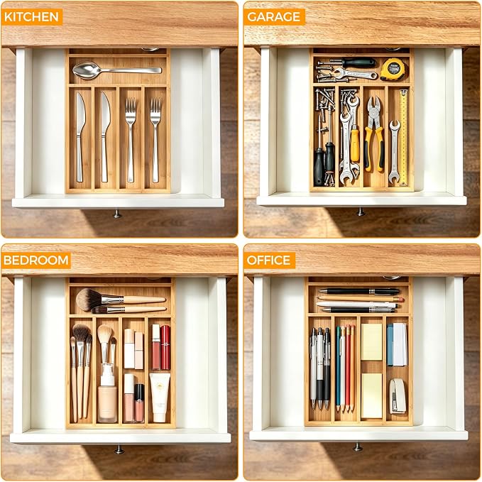 Bamboo Silverware Drawer Organizer, 6 Slots Kitchen Drawer Tray | Bamboo Kitchen Drawer Cutlery Organizer, Utensil Holder, Flatware Organizer Tray (9.5"x15.7"x1.7"), Natural - Image 7