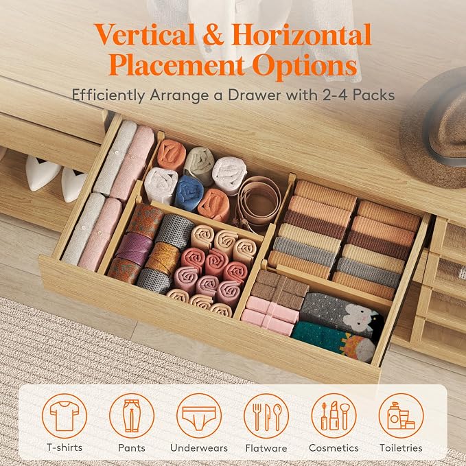 Lifewit 4" High Dresser Drawer Dividers, Adjustable Bamboo Drawer Organizer - Image 4