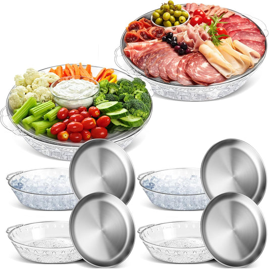 Baderke 6 Set 11.8" Chilled Serving Tray for Parties with Compartments Ice Chilled Party Platter Charcuterie Serving Board Cold Dish Dip for Fruit Seafood Vegetable Shrimp Cocktail (Natural)