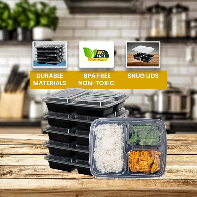 Superior 10 Pack Meal Prep Containers - 32oz Reusable 3 Compartment Food Containers–Microwave and Dishwasher Safe Prep Plastic Food Containers with Lid Divided Bento Box Lunch Tray - Image 4