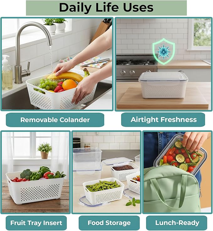 5 Pack Large Fruit Storage Containers for Fridge with Removable Colander | Plastic Food Storage Containers with Lids Airtight-Leak Proof Refrigerator Organizers and Storage of Vegetable - Image 4