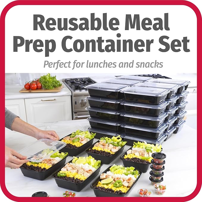 GoodCook Everyday Meal Prep 1‑Compartment Set with 50 Containers + 10 condiment cups with lids, made without BPA, Black - Image 2