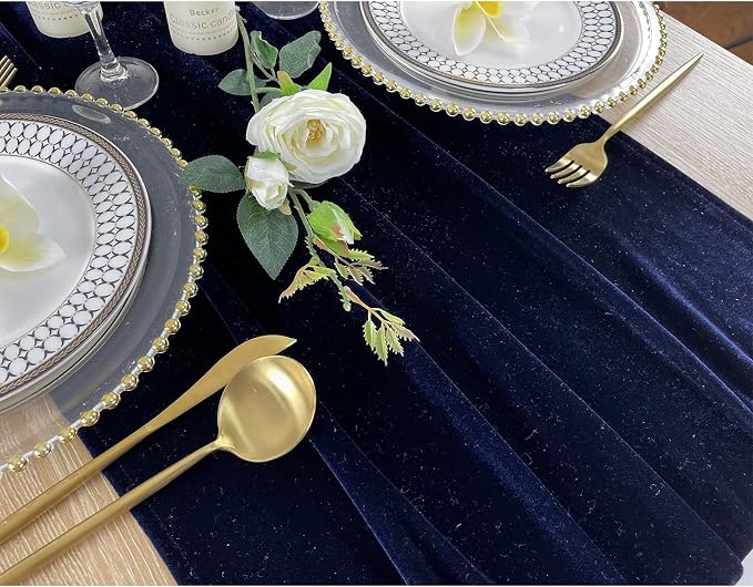 Luxurious Velvet Table Runner, 10ft Wedding Reception Decorations, 20x120inch Soft Velvet Fabric, Table Linen Overlay, Wedding Table Runners (Navy Blue, 20X120inch) - Image 5