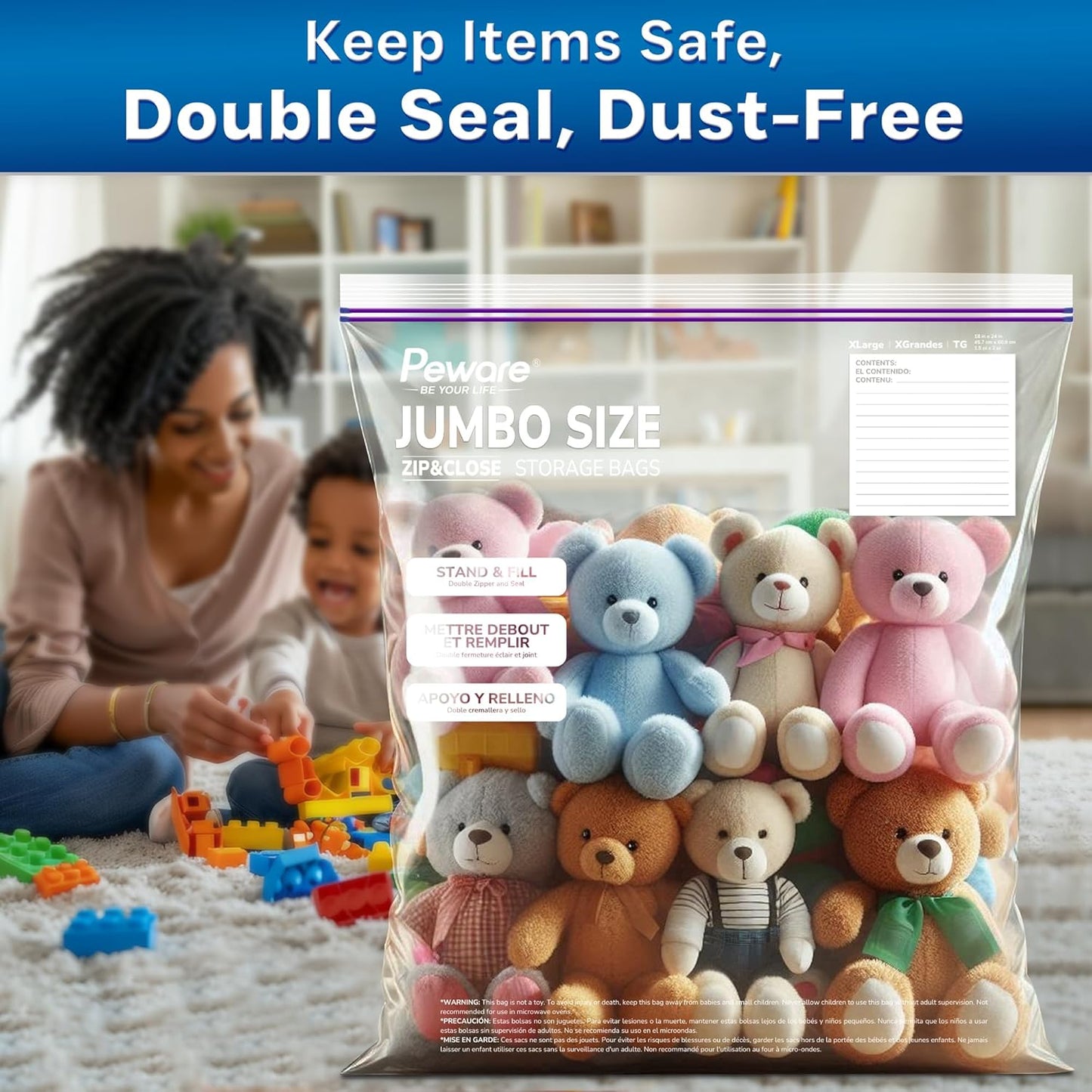 Large Storage Bags, 18"x24" Jumbo Plastic Bag, BPA Free, 5 Gallon XL Zipper Lock Baggies for Clothes Pillow Travel Moving - 15 Jumbo Bags